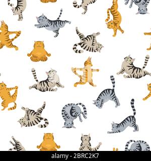 Cats yoga seamless pattern. Different yoga poses and exercises. Striped and tabby cat colors. Vector illustration Stock Vector