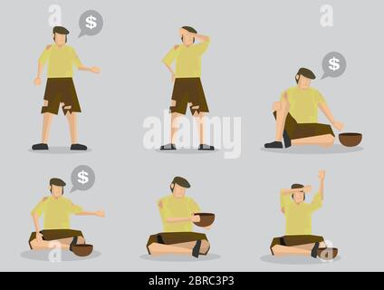 Set of six vector cartoon illustration of homeless home wearing shabby clothes with money symbol sign in speech balloon isolated on grey plain backgro Stock Vector