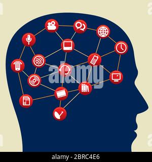 Vector illustration. Head with interconnected icons as a brain. Stock Vector