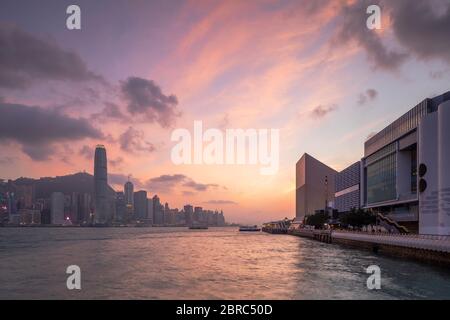 Hong Kong Island skyline and Museum of Art at sunset, Hong Kong