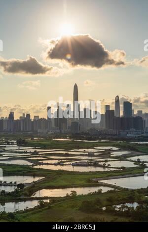 Skyline of Shenzhen from Sheung Shui, New Territories, Hong Kong Stock Photo