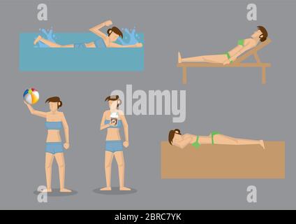 Vector illustration of bikini woman enjoying summer activities at the beach like swimming in sea, sunbathing on sand, resting on bench, playing beach Stock Vector