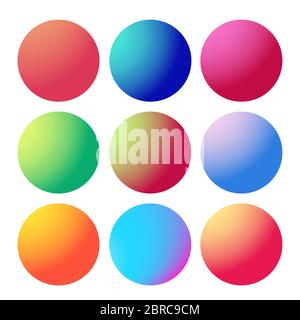 Circle gradient. Neon sphere set. Holographic round trendy multicolor buttons. Vector modern futuristic web element. Cool rounded fluids. Stock Vector