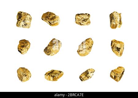 Golden Rocks Sample Golden stones set on white background isolated close up, gold nuggets ...