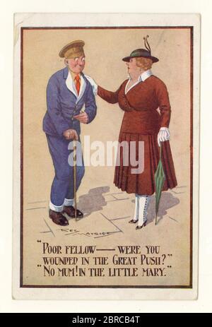 Original WW1 era comic cartoon postcard of wounded soldier, wounded in the stomach, dated 17 Aug 1917, U.K. Stock Photo