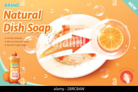 3d illustration effective dish soap ads with natural formula, orange in bubble wipes out the grease stains on plate Stock Vector