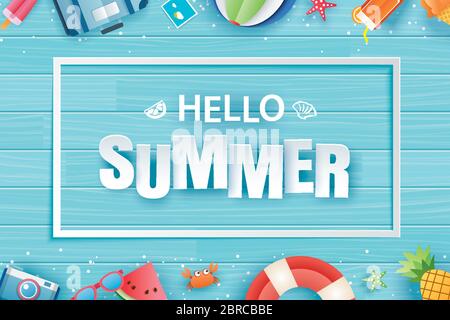 Hello summer with decoration origami on blue wooden background. Paper art and craft style. Stock Vector