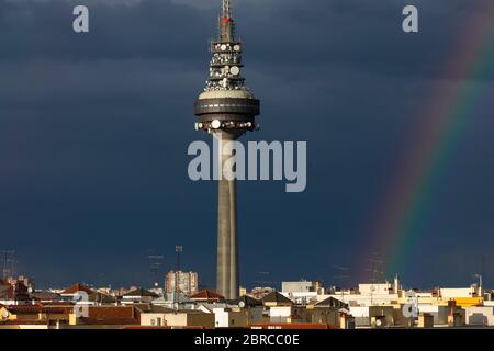 Madrid, Spain - May 19, 2020: Torrespaña digital television and radio tower on a rainy and stormy day with dark clouds in the background and a slight Stock Photo