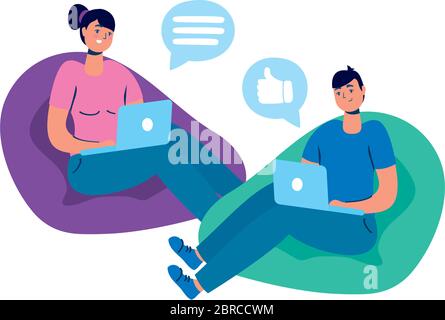 young couple using laptop with social media tech seated in sofa Stock Vector