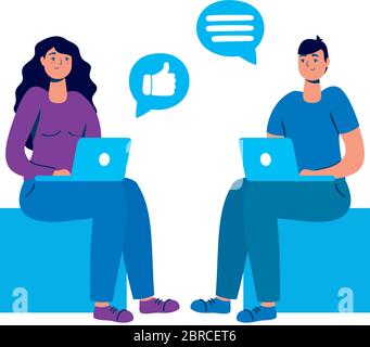 young couple using laptop with social media technology Stock Vector