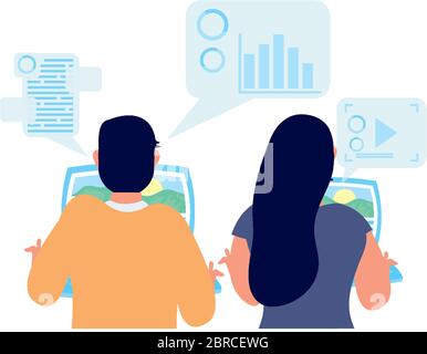 young couple using laptop and social media tech Stock Vector