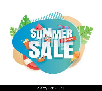 Summer sale banner paper cut template. Blue abstract geometric. Use for poster, sticker, badge, ads, tag. Stock Vector