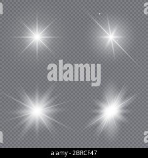 Set of bright stars. Sunlight translucent special design light effect on a transparent background. Vector illustration. Stock Vector