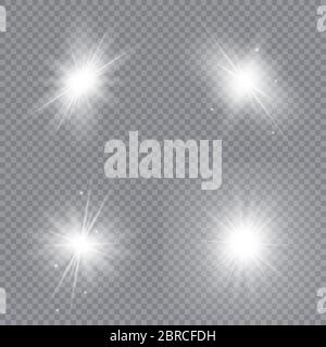 Set of bright stars. Glowing light explodes on a transparent background. Sparkling magical dust particles. Vector illustration. Stock Vector