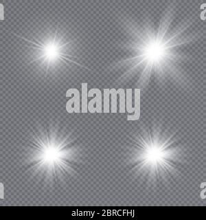 Set of bright stars. Sunlight translucent special design light effect. Vector illustration. Stock Vector