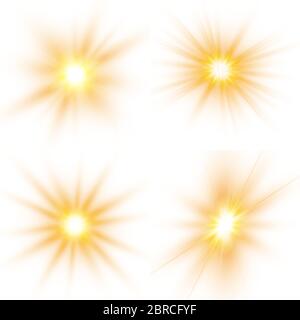 Set of bright stars. Sunlight translucent special design light effect on a white background. Vector illustration. Stock Vector