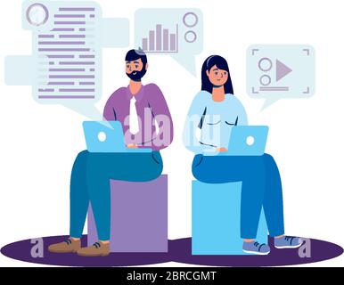 young couple using laptop and social media tech Stock Vector