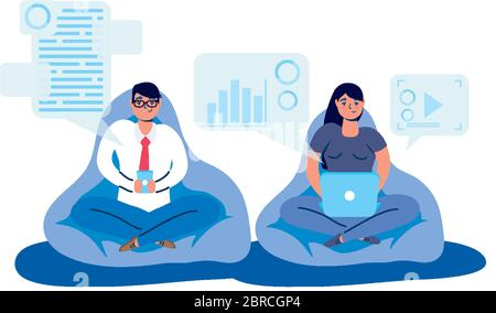 young couple using laptop seated in sofa Stock Vector