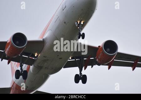 An easyJet flight just outside Bristol Airport on the 5th of July 2018 - Lulsgate, Bristol International Airport, Europe, UK Stock Photo