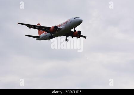 An easyJet flight just outside Bristol Airport on the 5th of July 2018 - Lulsgate, Bristol International Airport, Europe, UK Stock Photo