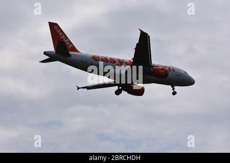 An easyJet flight just outside Bristol Airport on the 5th of July 2018 - Lulsgate, Bristol International Airport, Europe, UK Stock Photo