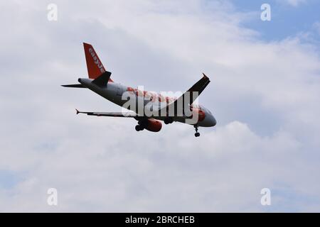 An easyJet flight just outside Bristol Airport on the 5th of July 2018 - Lulsgate, Bristol International Airport, Europe, UK Stock Photo