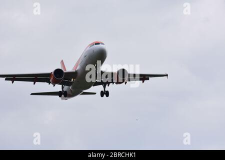 An easyJet flight just outside Bristol Airport on the 5th of July 2018 - Lulsgate, Bristol International Airport, Europe, UK Stock Photo