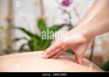 Young woman relaxing during back massage at the spa center Stock Photo