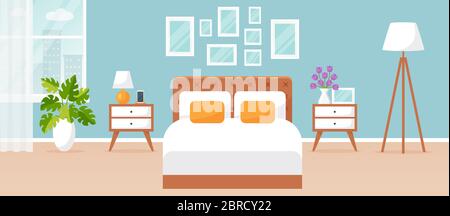 Bedroom interior. Vector illustration. Design of a modern room with double bed, bedside tables and window. Home furnishings. Horizontal flat banner. Stock Vector