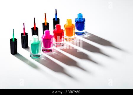 Colourful nail polish, turquoise, pink, red, orange, blue, still life, studio photography, Italy Stock Photo