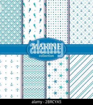 Nautical patterns. Set of sea seamless backgrounds with seahorses, anchors, starfish and abstract ornaments. Vector collection. Stock Vector