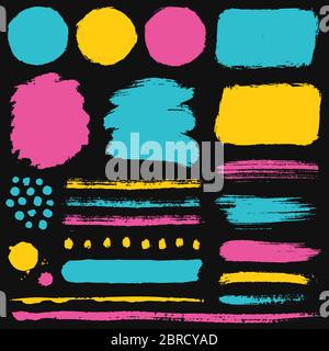 Paint brush strokes and grunge stains isolated on black background. Colorful vector design elements for paintbrush texture, frame, background, banner. Stock Vector