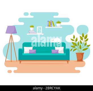 Living room interior banner. Vector design of a cozy room with sofa, floor lamp, cute cat, and decor accessories. Home illustration isolated on white. Stock Vector