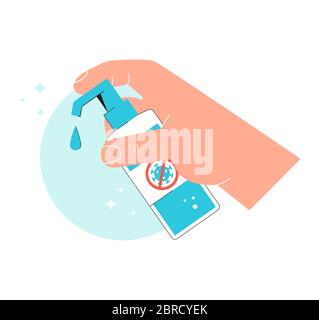 Sanitizer. Hand holds antibacterial agent. Disinfection - preventive against the spread of coronavirus covid-19. Antiseptic cleanser. Vector concept. Stock Vector