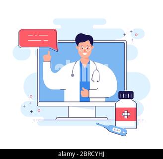 Online consultation with doctor remote. Medical internet service for distant support or health care. Telemedicine concept isolated on white background Stock Vector