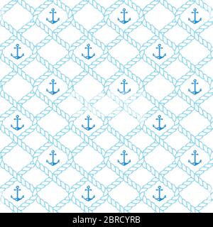 Nautical seamless pattern with rope and anchors. Vector background. Stock Vector