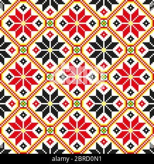 embroidered good like handmade cross-stitch ethnic Ukraine pattern. red and black flowers in decorative ribbon Stock Vector