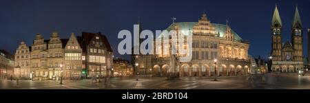 Illuminated market place with cathedral at night, Panorama, Bremen, Germany Stock Photo