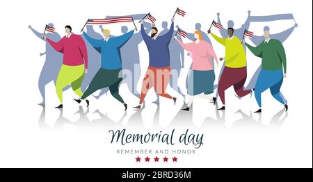 American people participants carrying the America flag waved while memorial day parade. vector background banner for memorial day celebration isolated Stock Vector