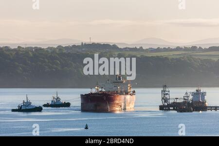 Whitegate, Cork, Ireland. 21st May, 2020.Oil tanker NS Champion is assisted by tug boats DSG Titan and Alex on casting off from the jetty  after discharging her cargo of crude to the Irving Oil Refinery at Whitegate, Co. Cork, Ireland. Since the outbreak of the Covid-19 pandemic demand for oil has slumped on international markets which has resulted in a shortage of storage capacity worlwide. - Credit; David Creedon / Alamy Live News Stock Photo