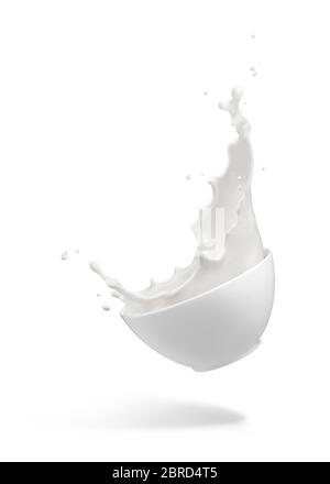 milk splashing out from dropping bowl isolated on white Stock Photo