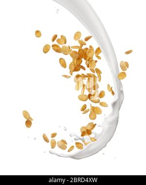 milk splash with corn flakes isolated on white Stock Photo