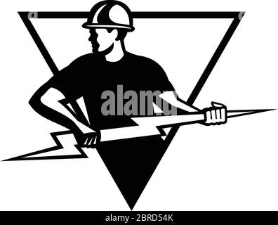 Retro Black and White style illustration of a power lineman or electrician holding a lightning bolt or thunderbolt viewed from side set inside triangl Stock Vector