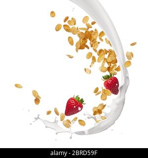 milk splash with corn flakes and strawberries Stock Photo