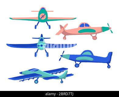 Set Airplane in cartoon hand drawn style isolated on white background. Set of agricultural aircraft vector icons for kids playing, web design, print o Stock Vector