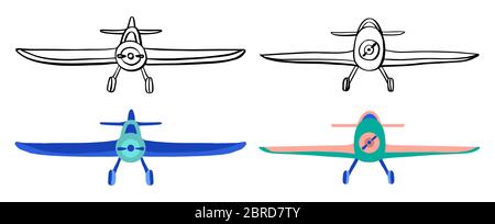 Set Airplane in hand drawn doodle and cartoon style isolated on white background. Set of agricultural aircraft vector outline, silhouette and colored Stock Vector