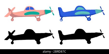 Set colored and black silhouette Airplane in doodle style isolated on white background. Set of agricultural aircraft vector outline icons for kids pla Stock Vector