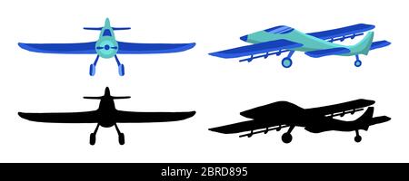 Set colored and black silhouette Airplane in doodle style isolated on white background. Set of agricultural aircraft vector outline icons for kids pla Stock Vector