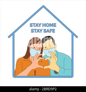 Married couple wearing masks during pandemic disease. Stay home stay safe concept. Covid-19 Stock Vector