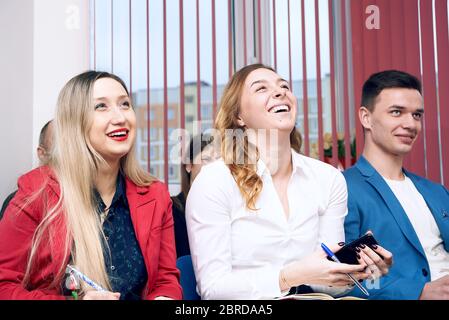 happy office workers managers laughing at meeting Stock Photo